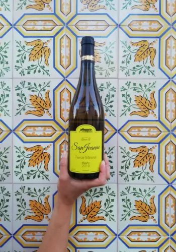 a hand holding a bottle of wine in front of poertuguese tiles.